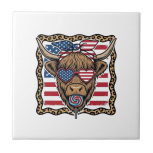 Patriotic Highland Cow Vintage Flag Graphic_1 Ceramic Tile