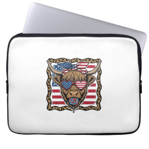 Patriotic Highland Cow Vintage Flag Graphic_1 Laptop Sleeve