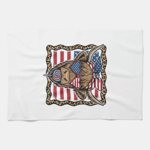 Patriotic Highland Cow Vintage Flag Graphic_1 Tea Towel