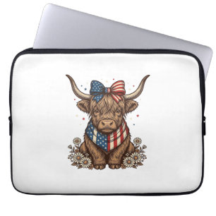Patriotic Highland Cow Vintage Laptop Sleeve