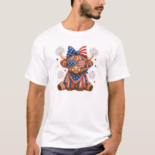Patriotic Highland Cow with Stars and Stripes T-Shirt