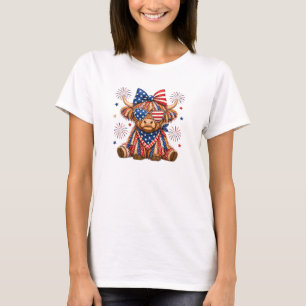 Patriotic Highland Cow with Stars and Stripes T-Shirt