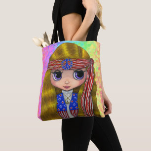 Patriotic Hippie Chick Big Eye Girl Doll Tote Bag