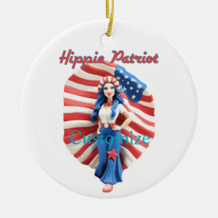 Patriotic Hippie Girl Thunder_Cove Ceramic Ornament