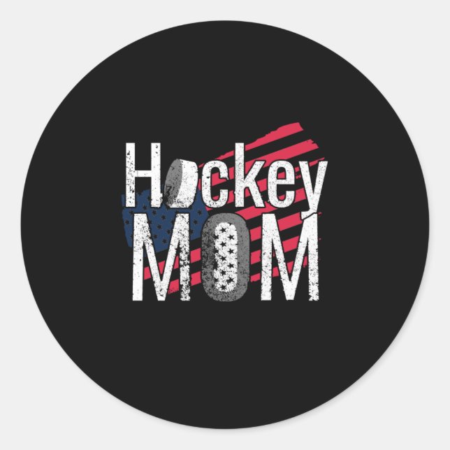Patriotic Hockey Mom with American Flag Classic Round Sticker (Front)