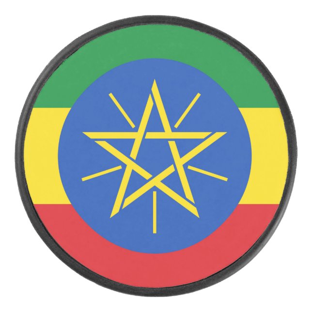 Patriotic hockey puck with flag of Ethiopia (Front)