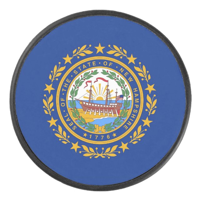 Patriotic hockey puck with flag of New Hampshire (Front)