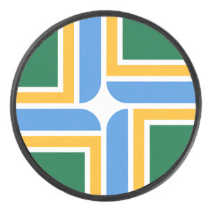 Patriotic hockey puck with flag of Portland City.