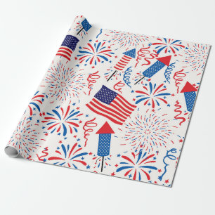 Patriotic Holiday Fireworks and Flag Wrapping Paper