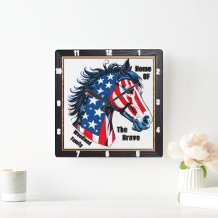Patriotic Horse American Flag Family Square Wall Clock