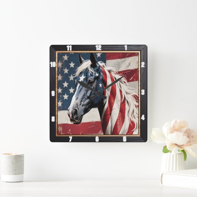 Patriotic Horse American Flag Square Wall Clock (Home)