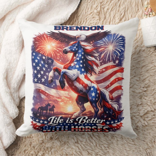 Patriotic Horse American Flag Sunset Equestrian  Cushion (Blanket)