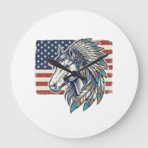 Patriotic Horse Flag Vintage Vector T-Shirt Design Large Clock