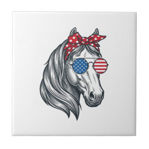 Patriotic Horse With Flag Sunglasses Vintage Vecto Ceramic Tile
