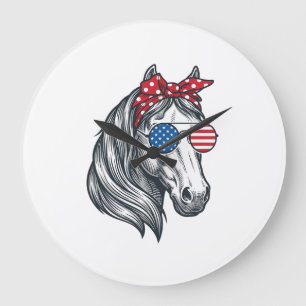 Patriotic Horse With Flag Sunglasses Vintage Vecto Large Clock