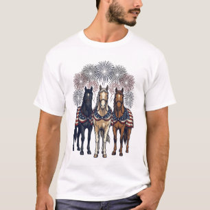 Patriotic Horses Fireworks Vintage Vector Art T-Shirt