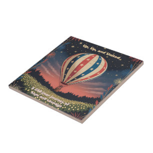 Patriotic Hot Air Balloon USA 1776–2026 Fireworks Ceramic Tile