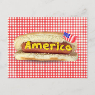 Patriotic Hot Dog on Gingham Postcard