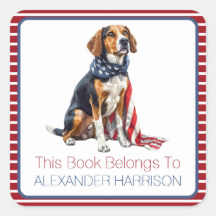Patriotic Hound Dog Personalized Bookplate Square Sticker