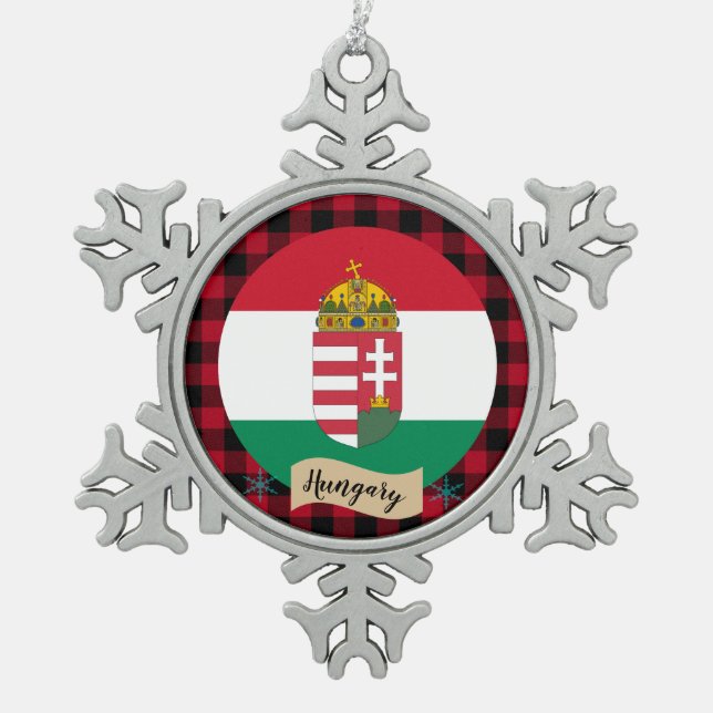 Patriotic Hungary, buffalo plaid,Hungarian Flag Snowflake Pewter Christmas Ornament (Front)