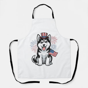 Patriotic Husky Puppy Vintage Engraving Shirt Desi Apron