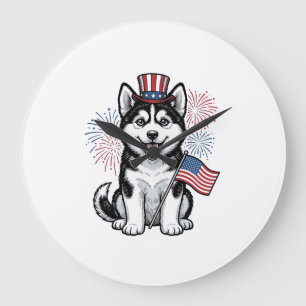 Patriotic Husky Puppy Vintage Engraving Shirt Desi Large Clock