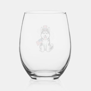 Patriotic Husky Puppy Vintage Engraving Shirt Desi Stemless Wine Glass