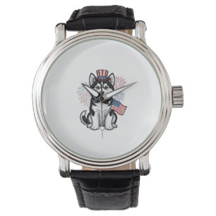 Patriotic Husky Puppy Vintage Engraving Shirt Desi Watch