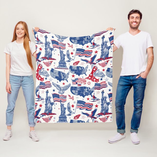 Patriotic Icons Pattern – Statue of Liberty, Flag Fleece Blanket (In Situ)