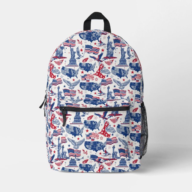 Patriotic Icons Pattern – Statue of Liberty, Flag Printed Backpack (Front)