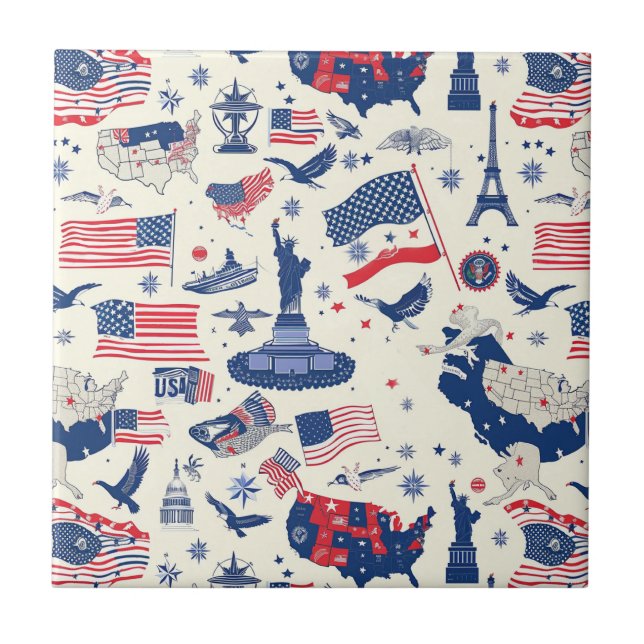 Patriotic Icons - Statue of Liberty, Flag (2) Ceramic Tile (Front)