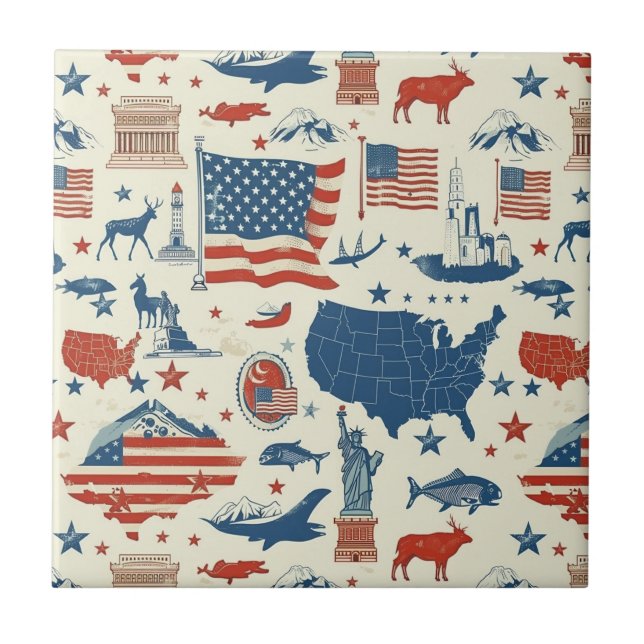 Patriotic Icons - Statue of Liberty, Flag (3) Ceramic Tile (Front)