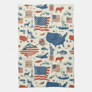 Patriotic Icons - Statue of Liberty, Flag (3) Tea Towel