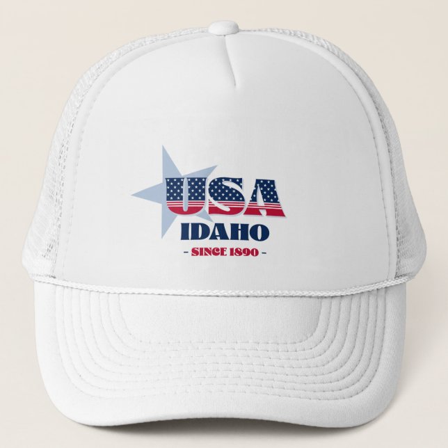 Patriotic Idaho Typography Trucker Hat (Front)