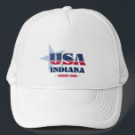 Patriotic Indiana Typography Trucker Hat<br><div class="desc">Indiana trucker hat. A bold typography design with a blue star that highlights the US state of Indiana,  its year of statehood in 1816,  and the initials of the USA infused with the stars and stripes of the American flag. It makes a wonderful patriotic gift or souvenir.</div>