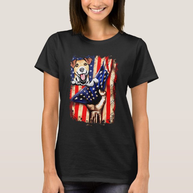 Patriotic Jack Rusell Terrier American Flag Dog T-Shirt (Front)