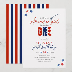 Patriotic July 4th All American Girl 1st Birthday Invitation