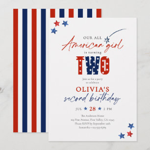Patriotic July 4th All American Girl 2nd Birthday Invitation