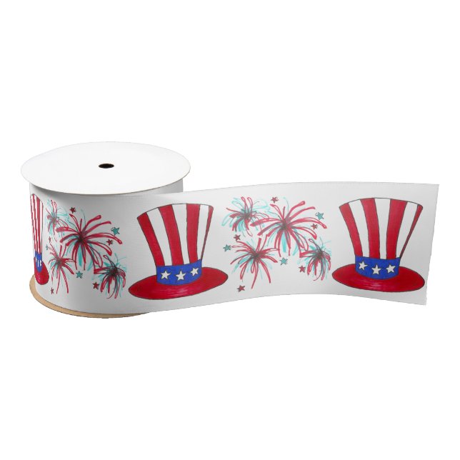 Patriotic July 4th USA Uncle Sam Fireworks America Satin Ribbon (Spool)