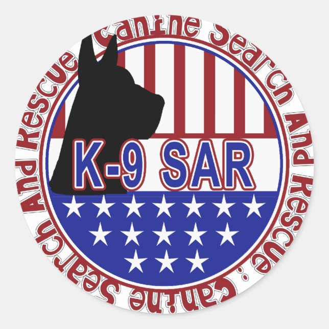 PATRIOTIC K-9 SAR -CANINE SEARCH & RESCUE CLASSIC ROUND STICKER (Front)