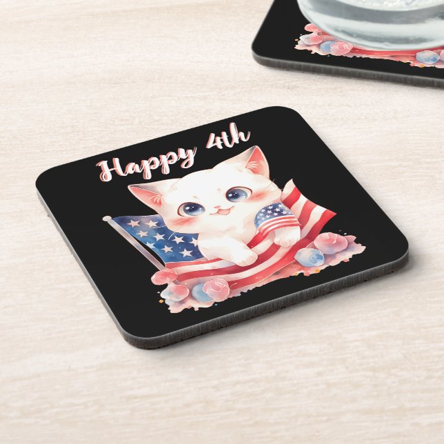 Patriotic Kitten 4th of July Happy 4th Custom Coaster (Left Side)