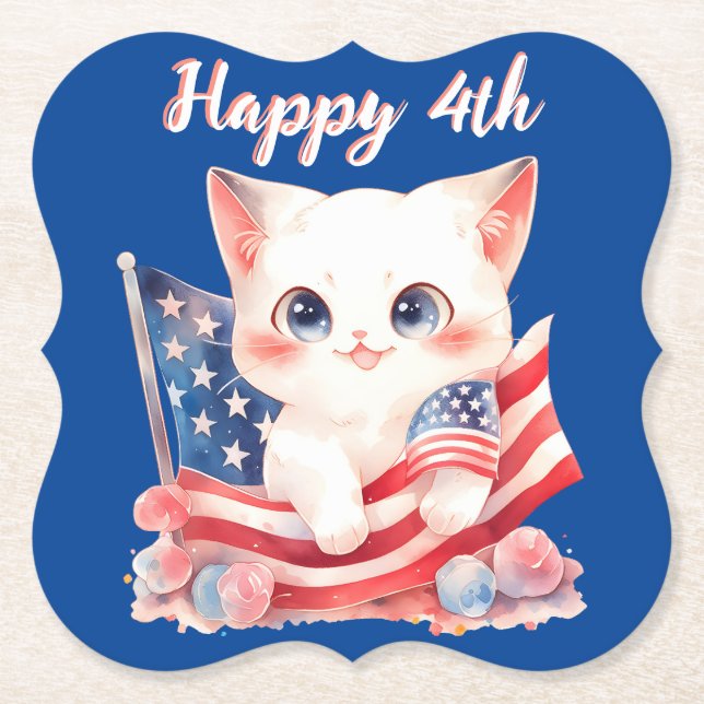Patriotic Kitten 4th of July Happy 4th Custom Paper Coaster (Front)