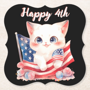 Patriotic Kitten 4th of July Happy 4th Custom Paper Coaster