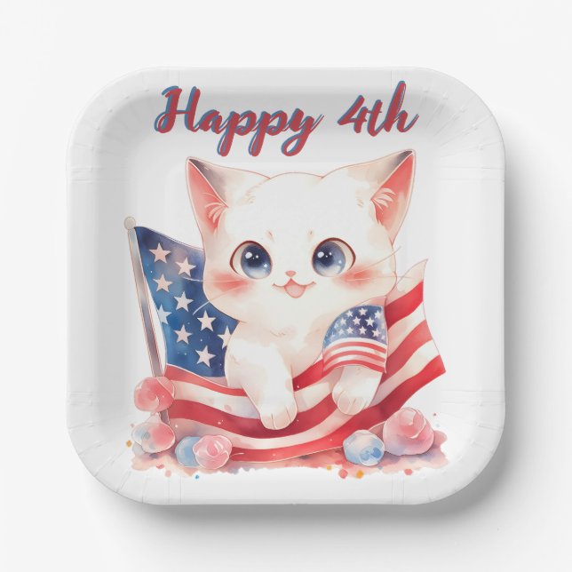 Patriotic Kitten 4th of July Happy 4th Custom Paper Plate (Front)