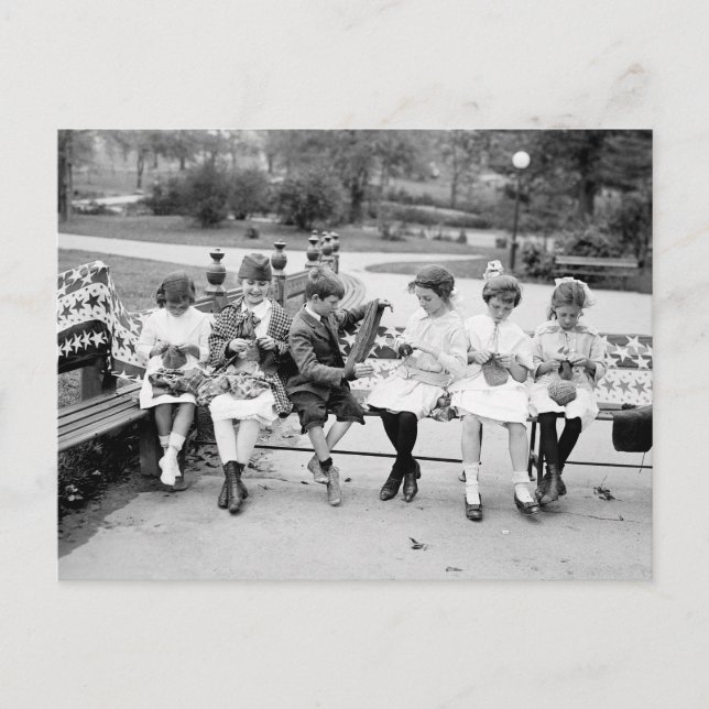 Patriotic Knitting Bee, early 1900s Postcard (Front)