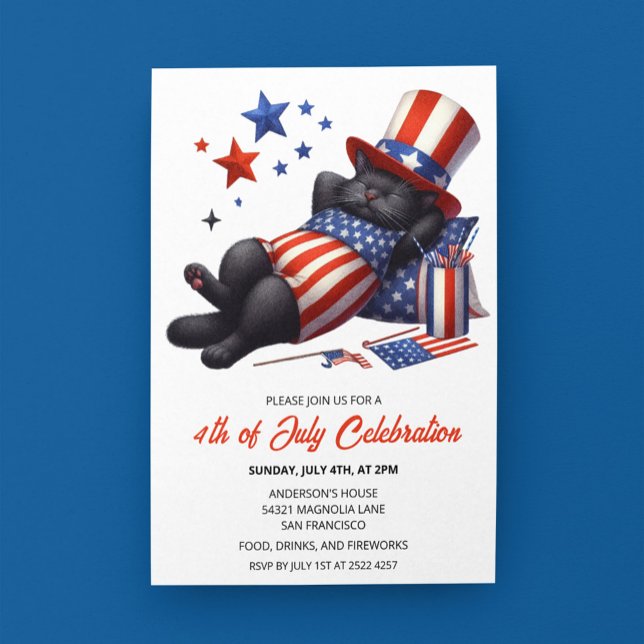 Patriotic Lazy Black Cat 4th Of July Invitations (Creator Uploaded)
