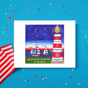 Patriotic Lighthouse and Sailboats Inspirational Postcard