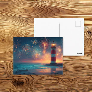 Patriotic Lighthouse Night Fireworks Art Postcard