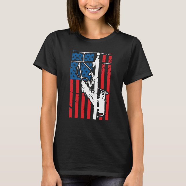 Patriotic Lineman Tools Amercia USA Flag Electrici T-Shirt (Front)