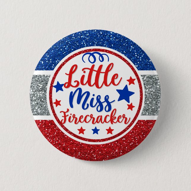 Patriotic Little Miss Firecracker Glittery 6 Cm Round Badge (Front)